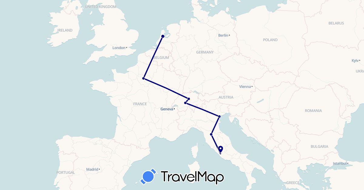 TravelMap itinerary: driving in Switzerland, France, Italy, Netherlands (Europe)